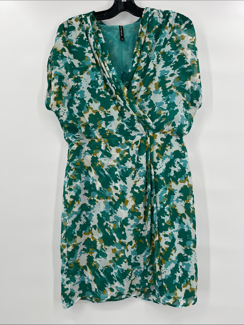Walter Baker W118 Aqua Teal Abstract Faux Wrap Silhouette V-Neck Dress Size M